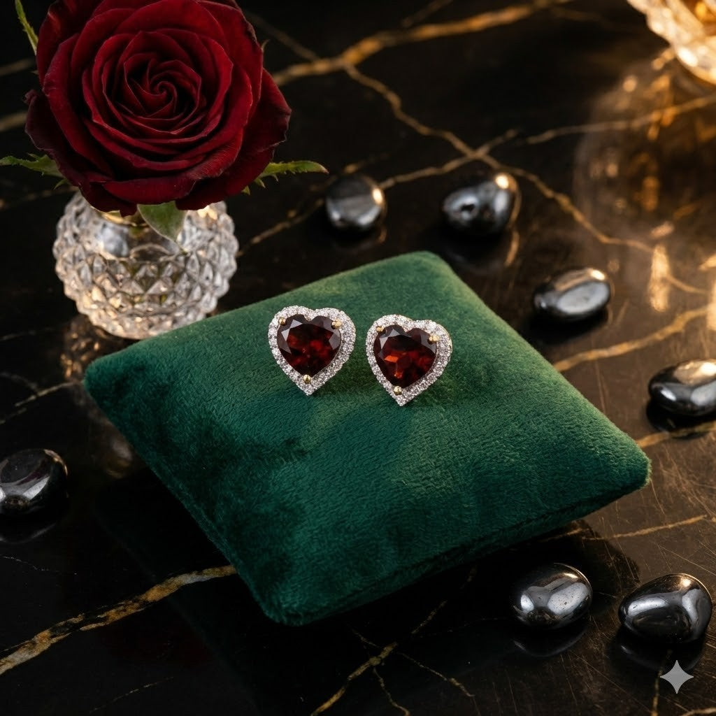 Romantic Garnet & White Topaz Heart Earrings | Solid Sterling Silver | Big Look1