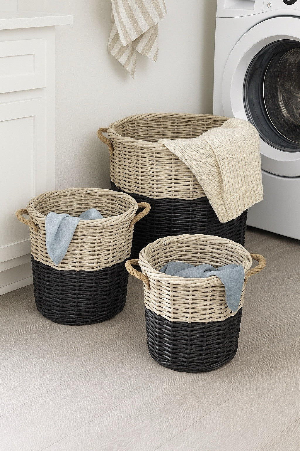 Handmade Willow Basket Set 3pc Black Dipped Rustic Farmhouse Storage Decor11