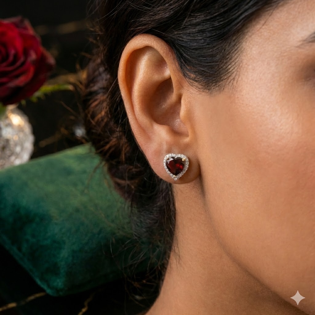 Romantic Garnet & White Topaz Heart Earrings | Solid Sterling Silver | Big Look3