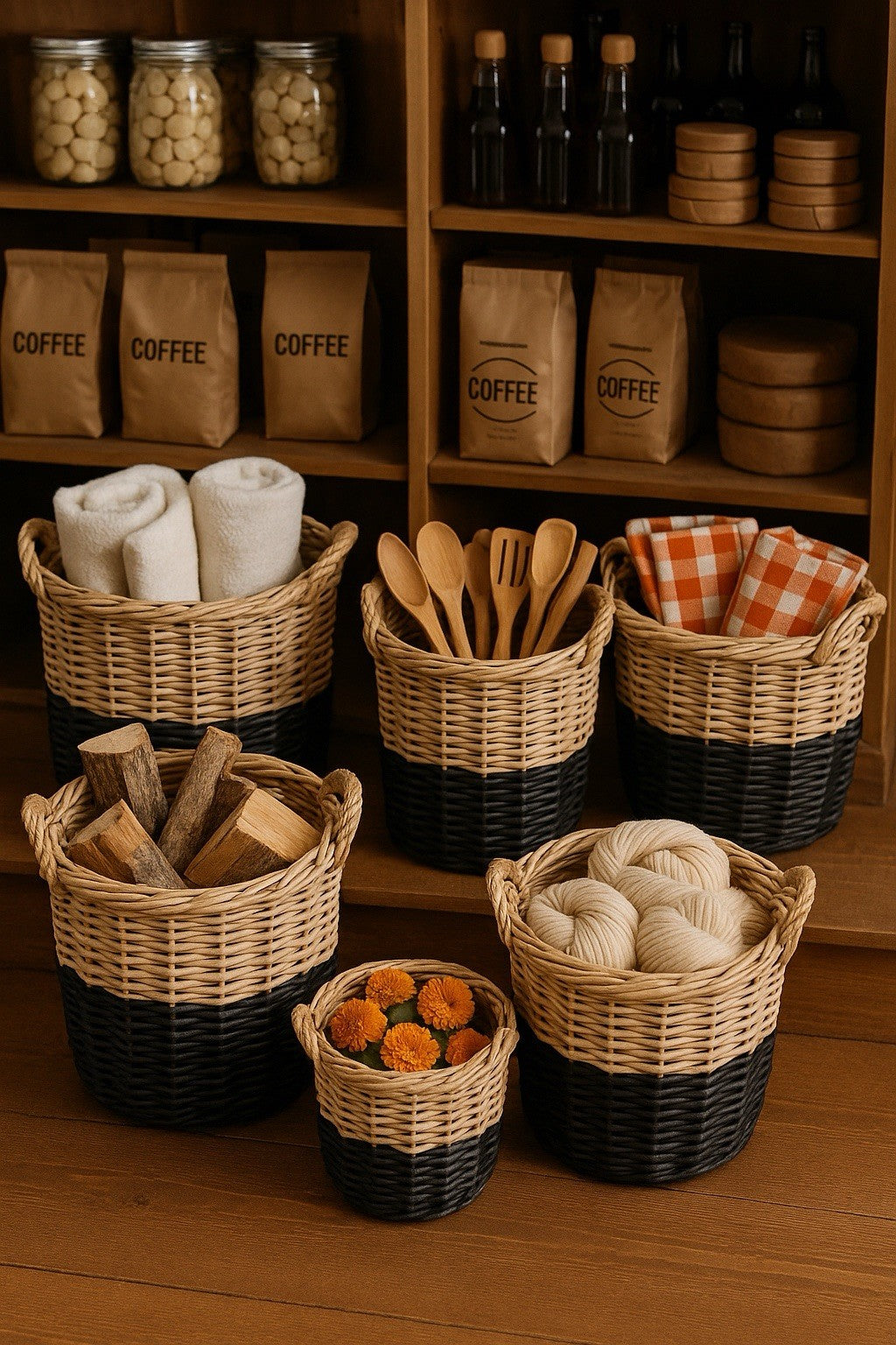 Handmade Willow Basket Set 3pc Black Dipped Rustic Farmhouse Storage Decor10