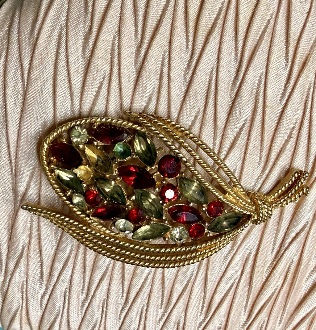 Vintage Gold Tone Rhinestone Leaf Brooch Red Green Crystal Mid Century0