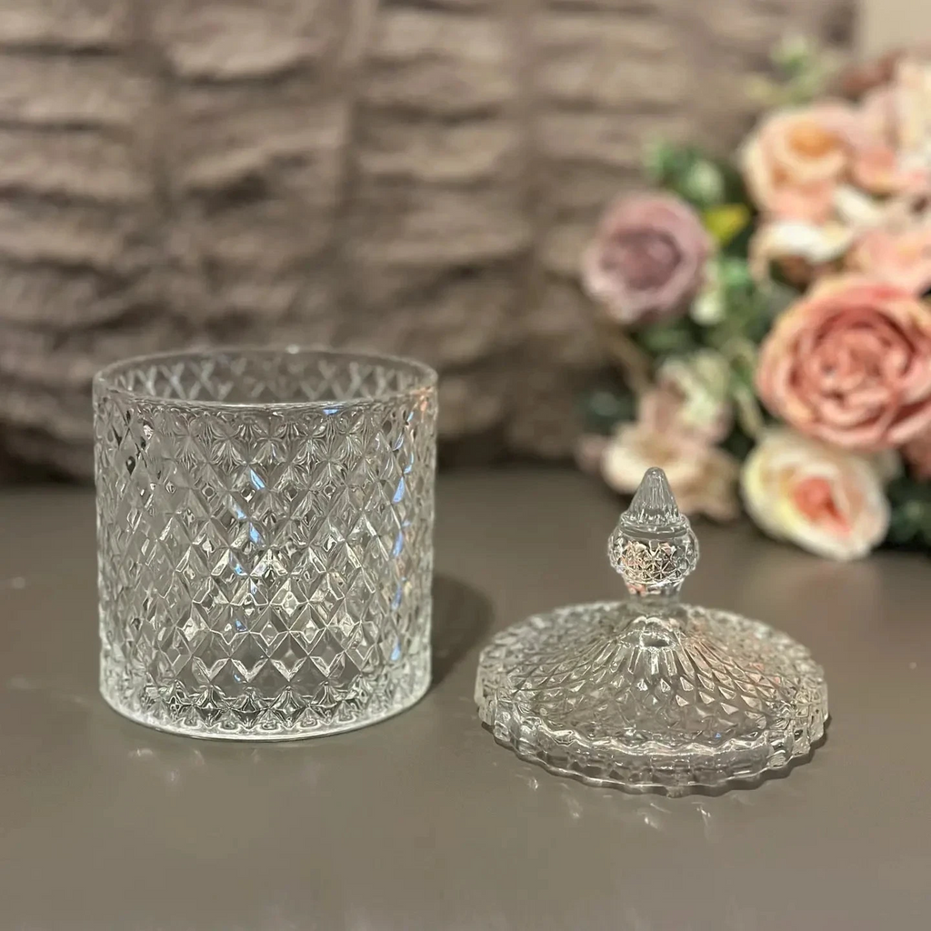 Diamond-Cut Glass Apothecary Jar – Decorative Lidded Storage (Multiple Sizes)