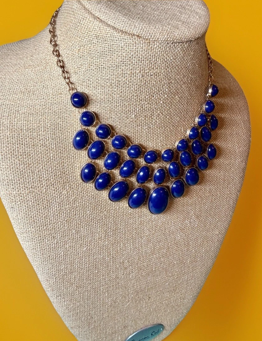 Cobalt Blue Cabochon Bib Necklace – Bold Silver-Tone Statement Collar