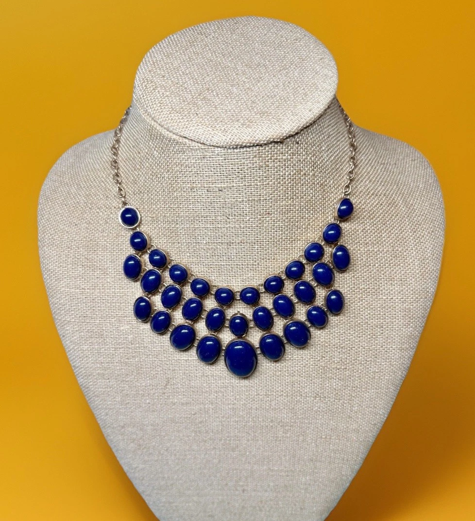 Cobalt Blue Cabochon Bib Necklace – Bold Silver-Tone Statement Collar