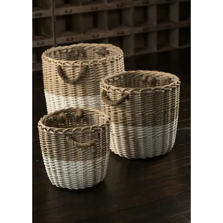 Willow Dipped Black or White Basket Set – 3 Piece Handwoven Round Storage Baskets with Rope Handles