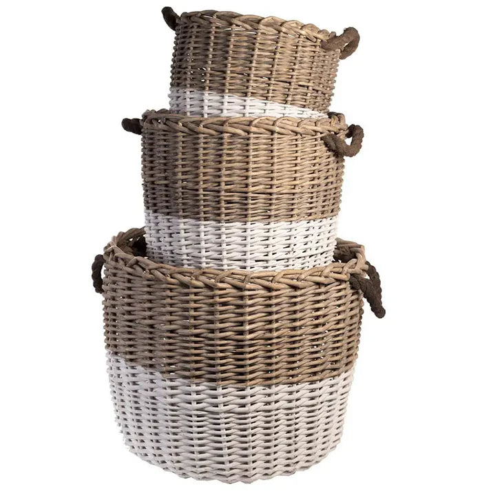 Willow Dipped Black or White Basket Set – 3 Piece Handwoven Round Storage Baskets with Rope Handles