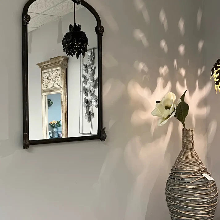 Vintage-Style Arched Iron Frame Mirror – Ornate Estate Wall Décor – 17" x 29"