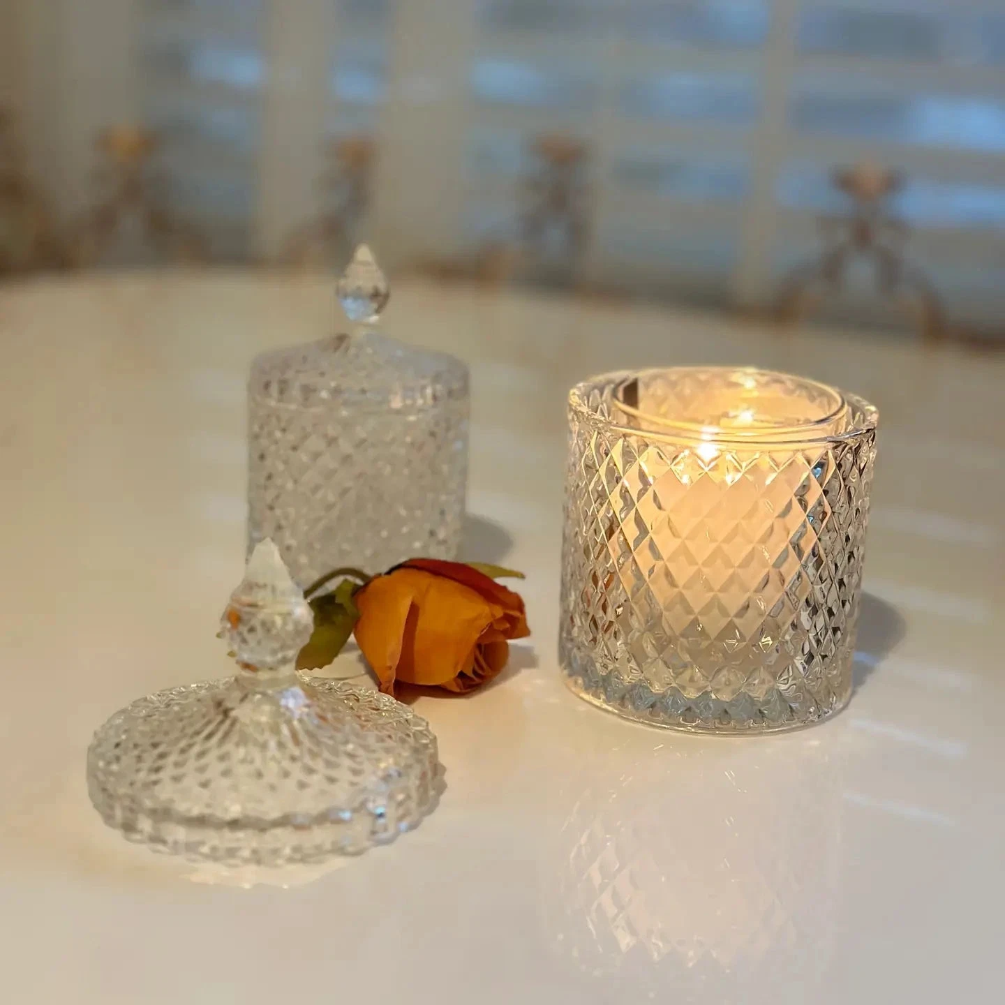 Diamond-Cut Glass Apothecary Jar – Decorative Lidded Storage (Multiple Sizes)