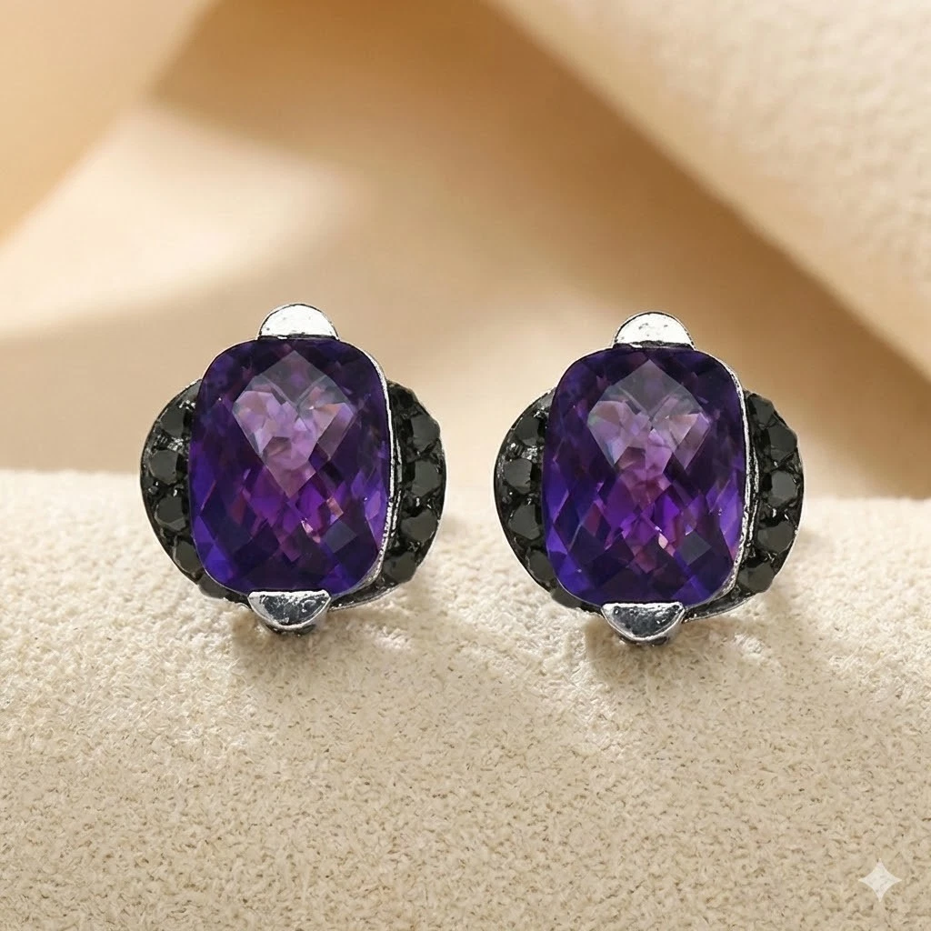 Cushion Cut Amethyst & Black Diamond Stud Earrings – 3.14 Carat Natural Gemstones in .925 Sterling Silver