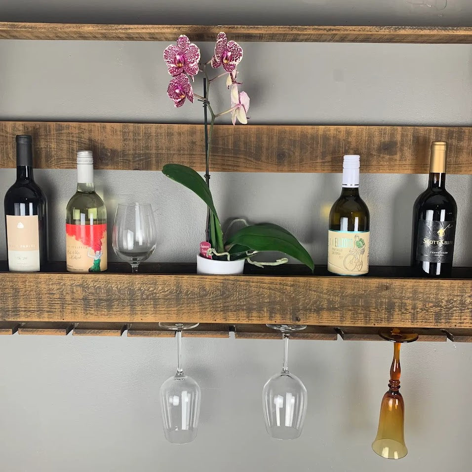 Weathered Wood Style Wine Rack, Bottle & Glass Holder, New