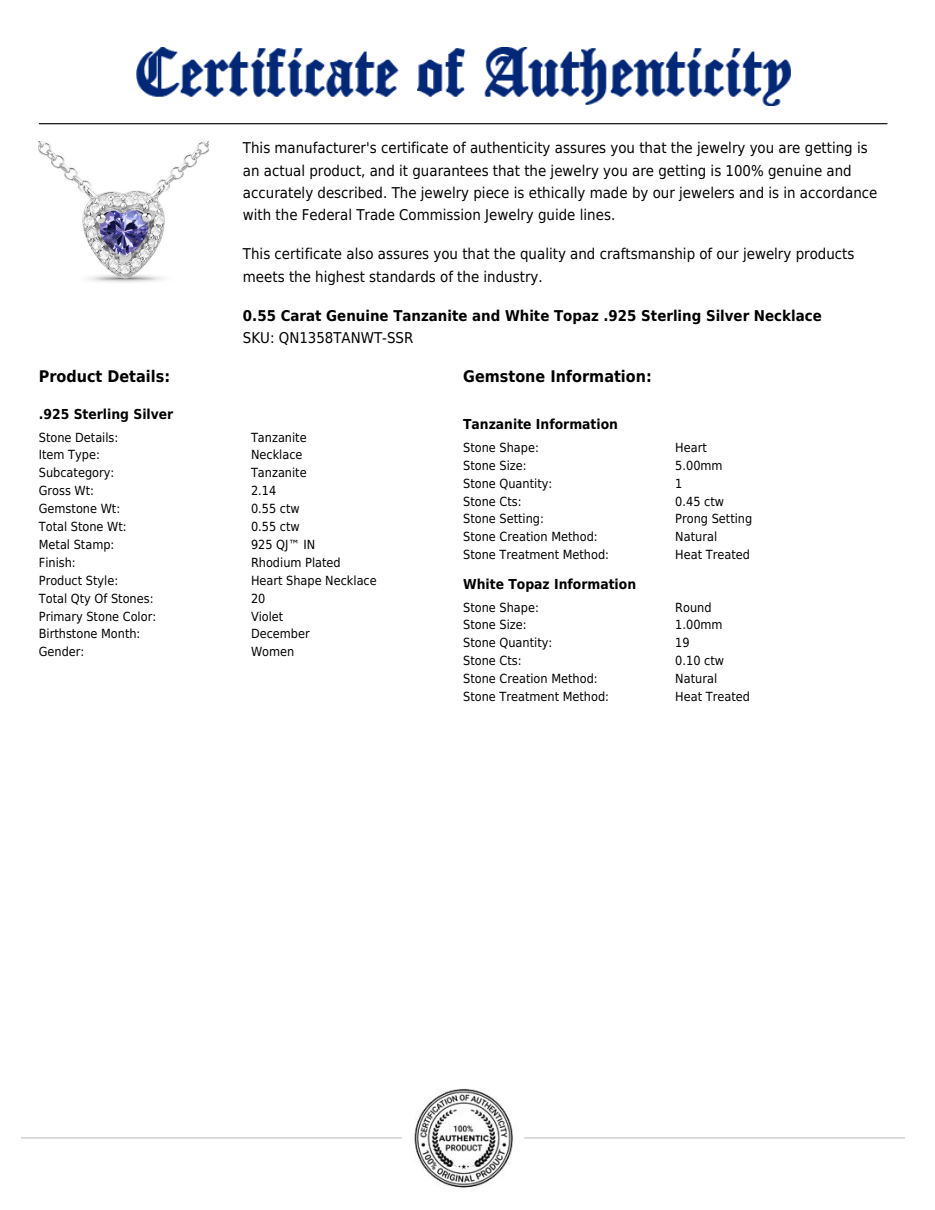 Heart Shaped Natural Tanzanite Surrounded by White Topaz Pendant Necklace In Sterling Silver 925, 0.55 Ctw