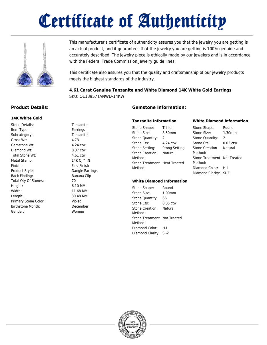 Trillion-Cut Tanzanite & Diamond Drop Earrings in 14K White Gold