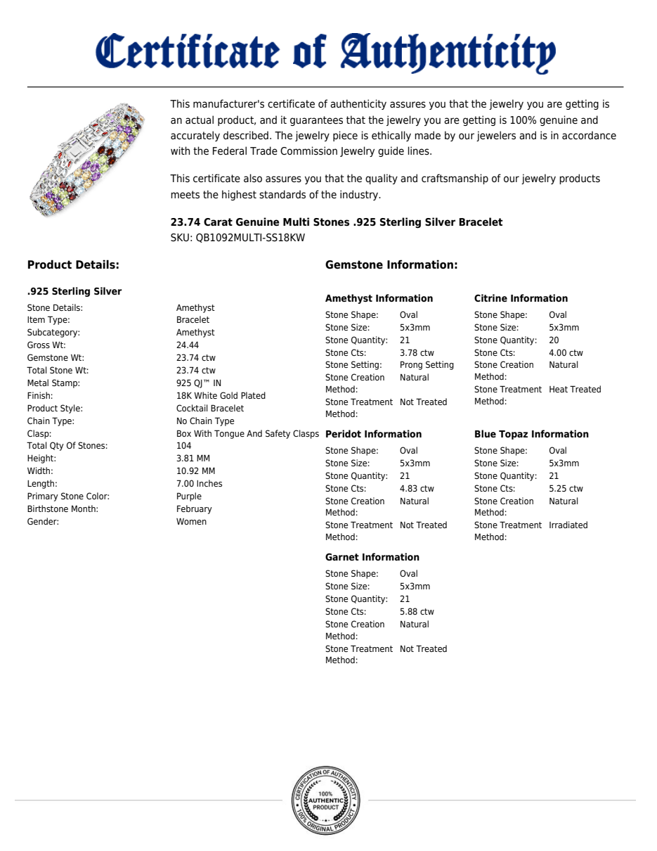 Multi-Gemstone Cocktail Bracelet in 18K White Gold-Plated Sterling Silver