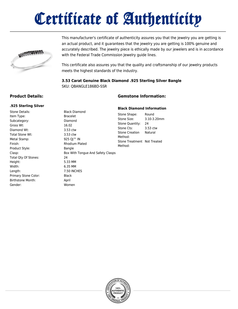 Black Diamond Bangle in Rhodium-Plated Sterling Silver