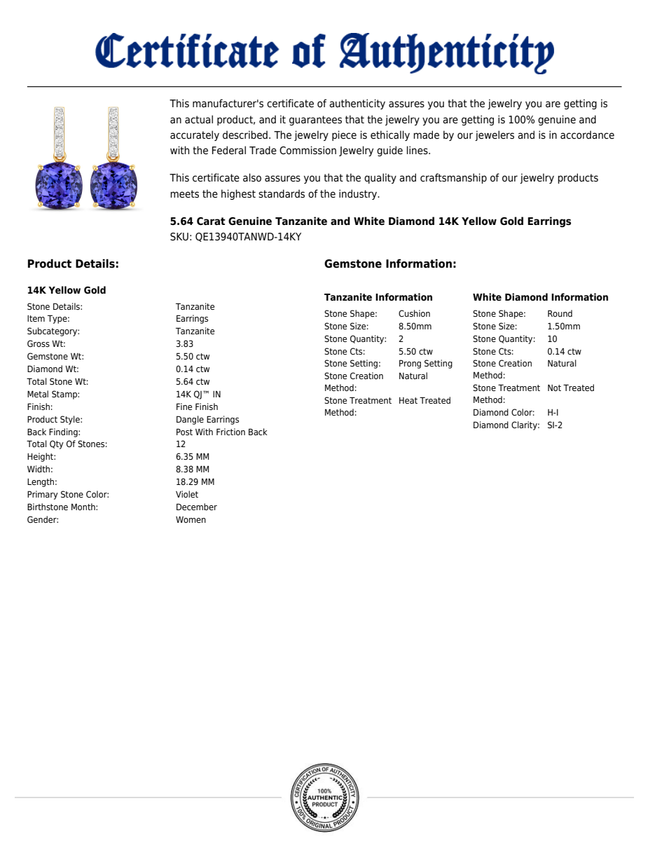 Cushion-Cut Tanzanite & Diamond Drop Earrings in 14K Yellow Gold