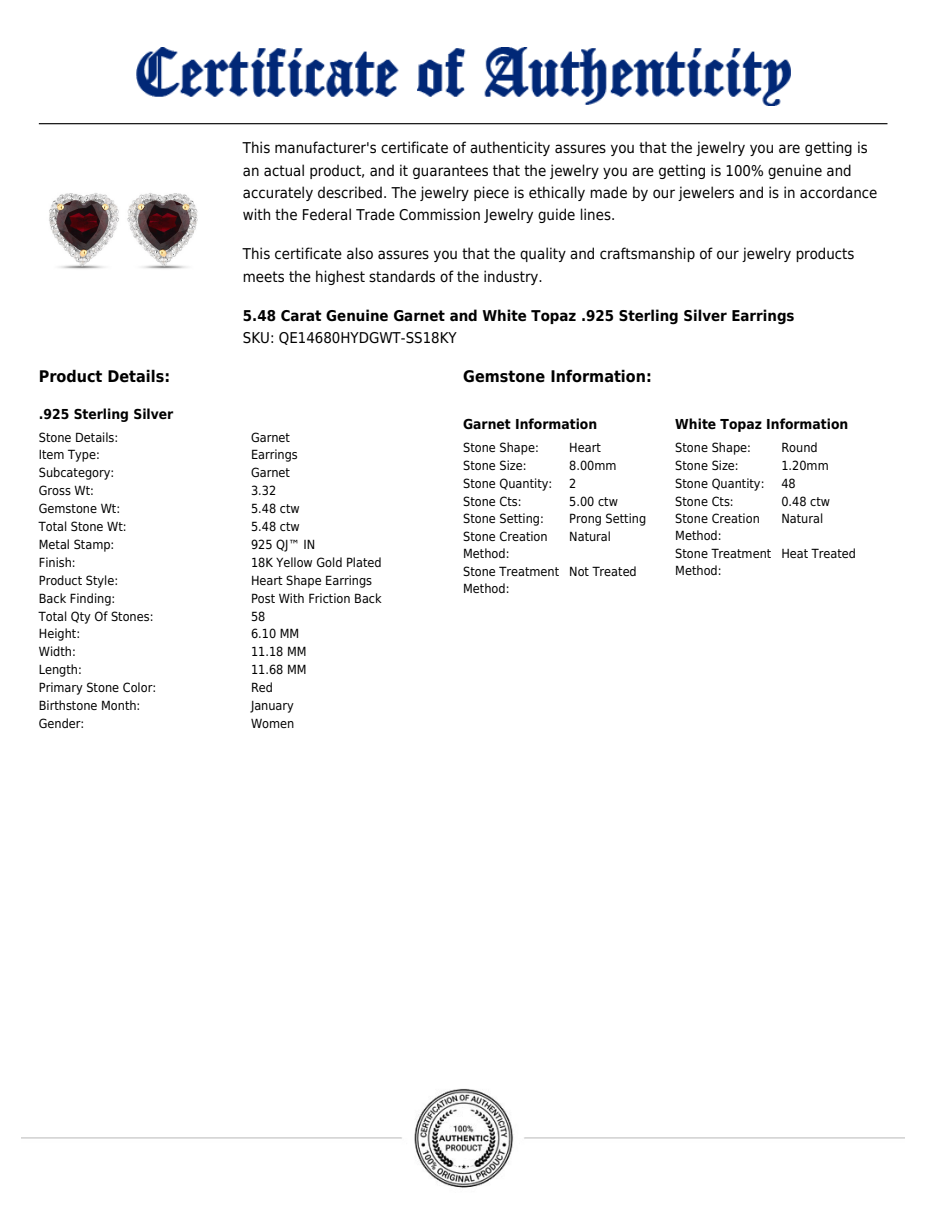 Romantic Garnet & White Topaz Heart Earrings | .925 Sterling Silver | 18K Gold Plated