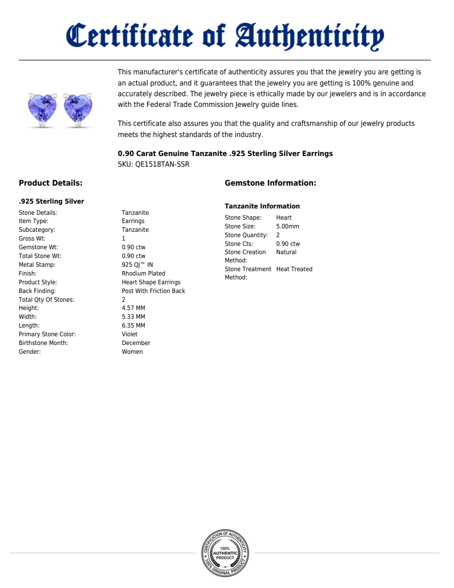 Heart-Cut Tanzanite Stud Earrings in Rhodium-Plated Sterling Silver