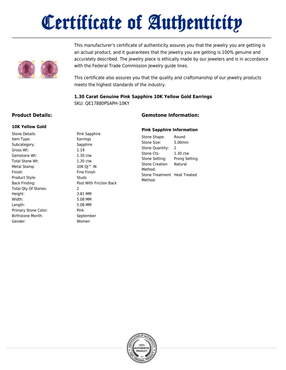 Round Pink Sapphire Stud Earrings in 10K Yellow Gold