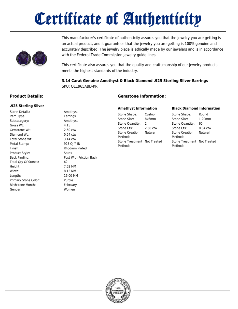 Cushion Cut Amethyst & Black Diamond Stud Earrings – 3.14 Carat Natural Gemstones in .925 Sterling Silver