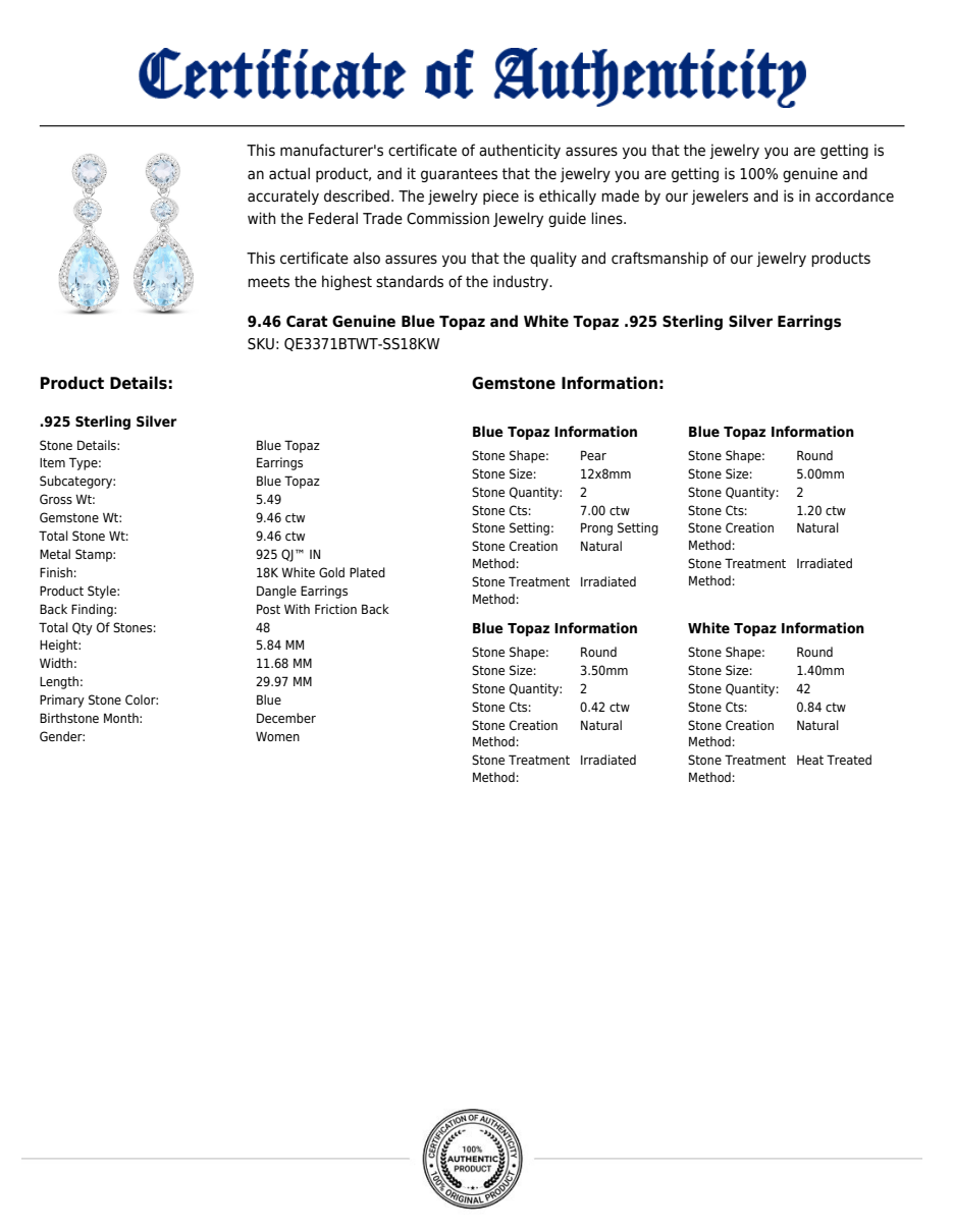 Blue & White Topaz Teardrop Dangle Earrings in 18K White Gold-Plated Sterling Silver
