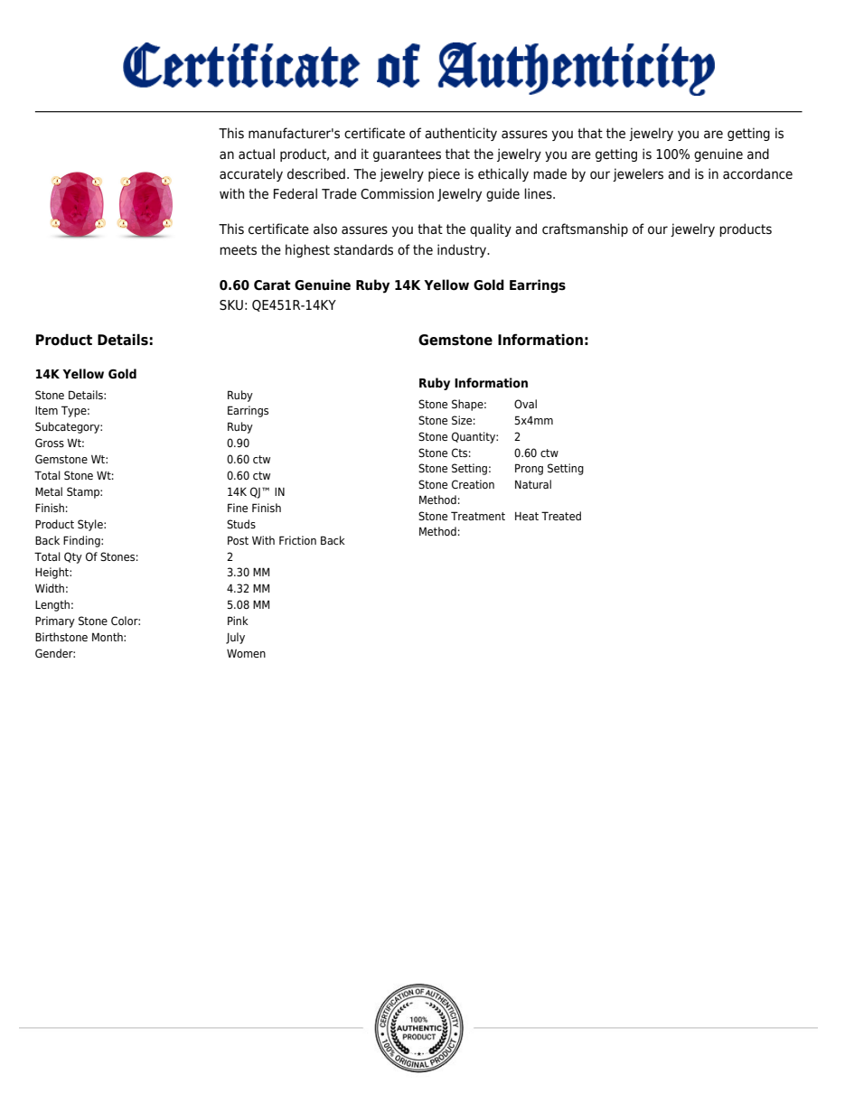 Ruby Stud Earrings | 0.60 Carat Genuine Ruby | Solid 14K Yellow Gold