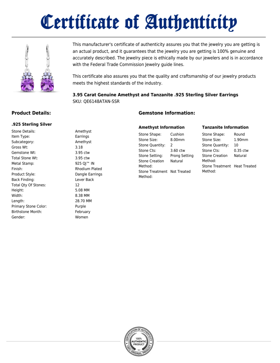Amethyst & Tanzanite Dangle Earrings in Rhodium-Plated Sterling Silver