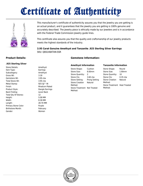 Amethyst & Tanzanite Dangle Earrings in Rhodium-Plated Sterling Silver