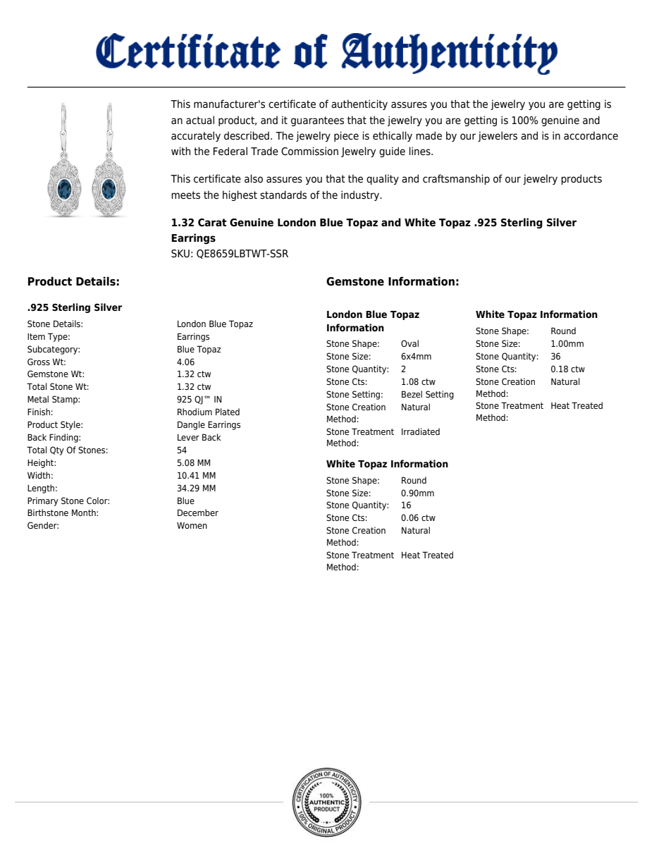London Blue Topaz & White Topaz Dangle Earrings in Rhodium-Plated Sterling Silver