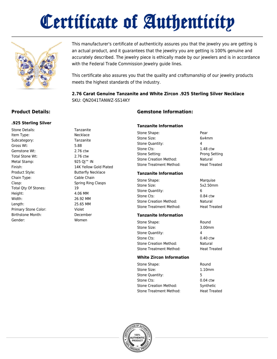 Tanzanite Butterfly Necklace in 14K Yellow Gold-Plated Sterling Silver