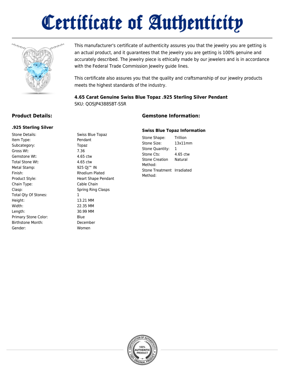 Swiss Blue Topaz Heart Pendant in Rhodium-Plated Sterling Silver