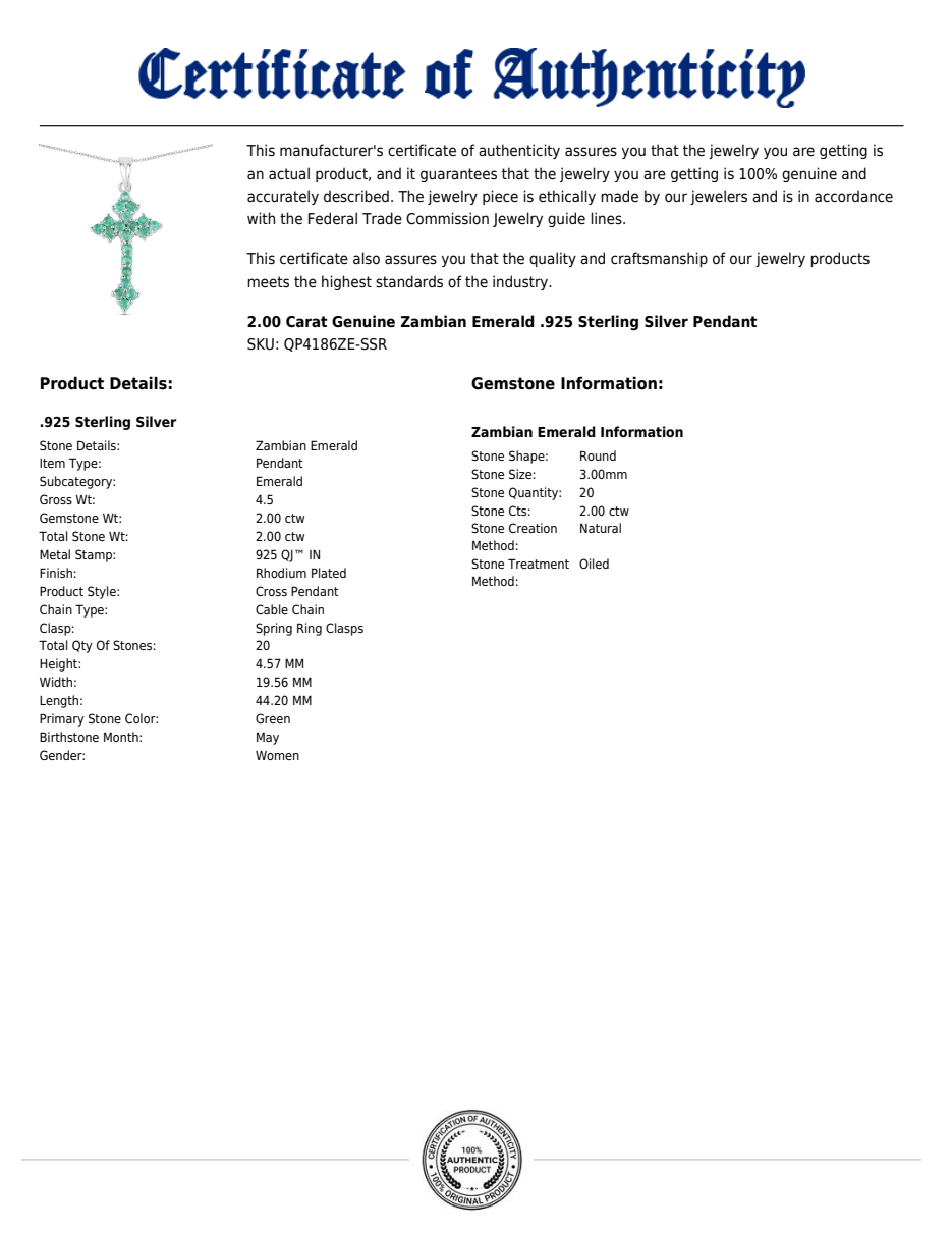 Zambian Emerald Cross Pendant in Rhodium-Plated Sterling Silver