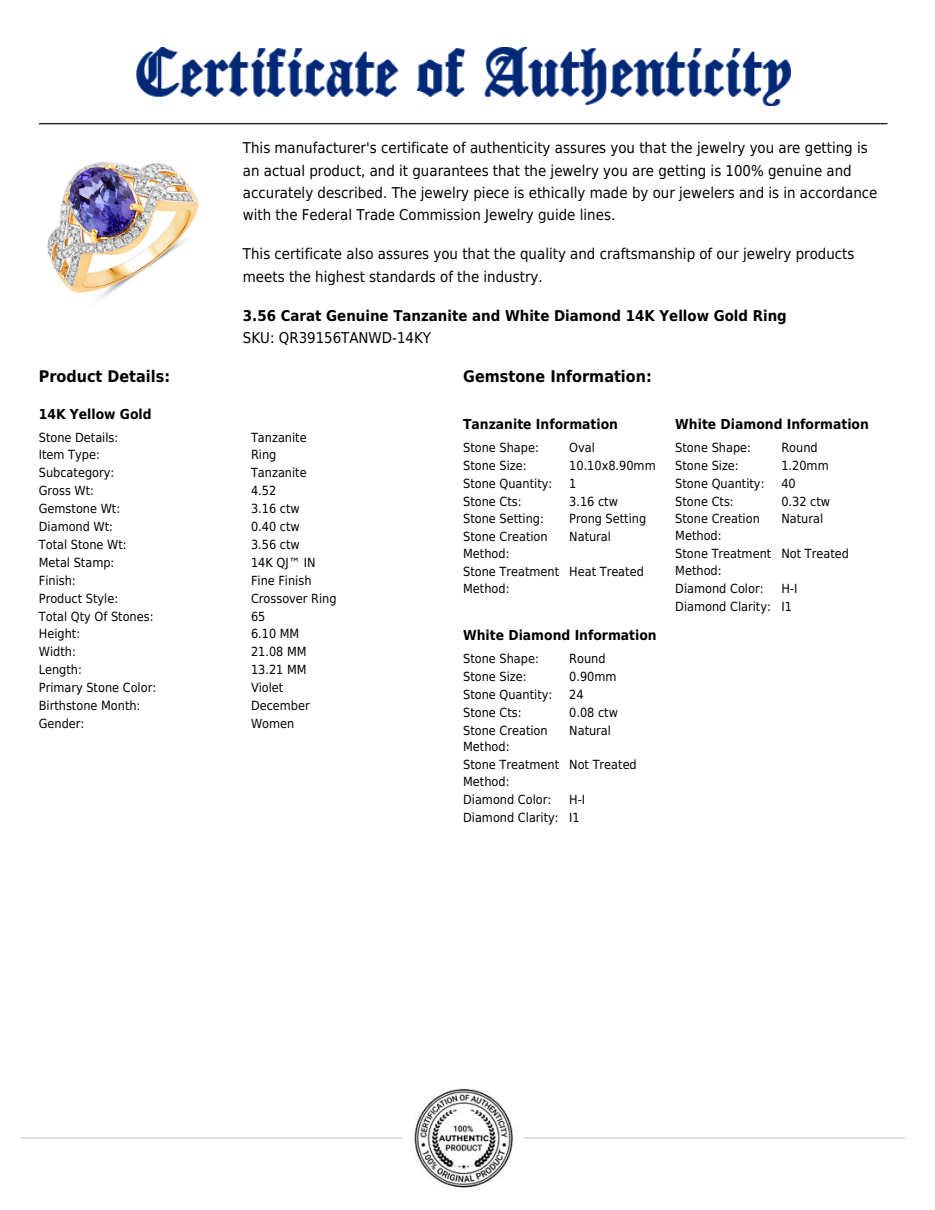 3.56 Carat Natural Tanzanite & Diamond Crossover Ring in 14K Yellow Gold