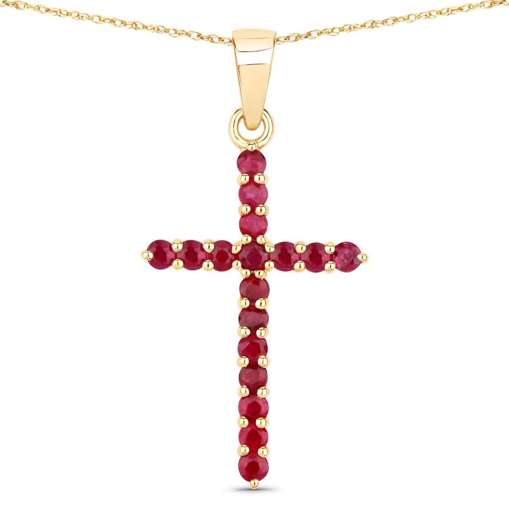 Solid 14K Gold Cross Pendant Lined in Genuine Sapphire | Ruby | Emerald Options