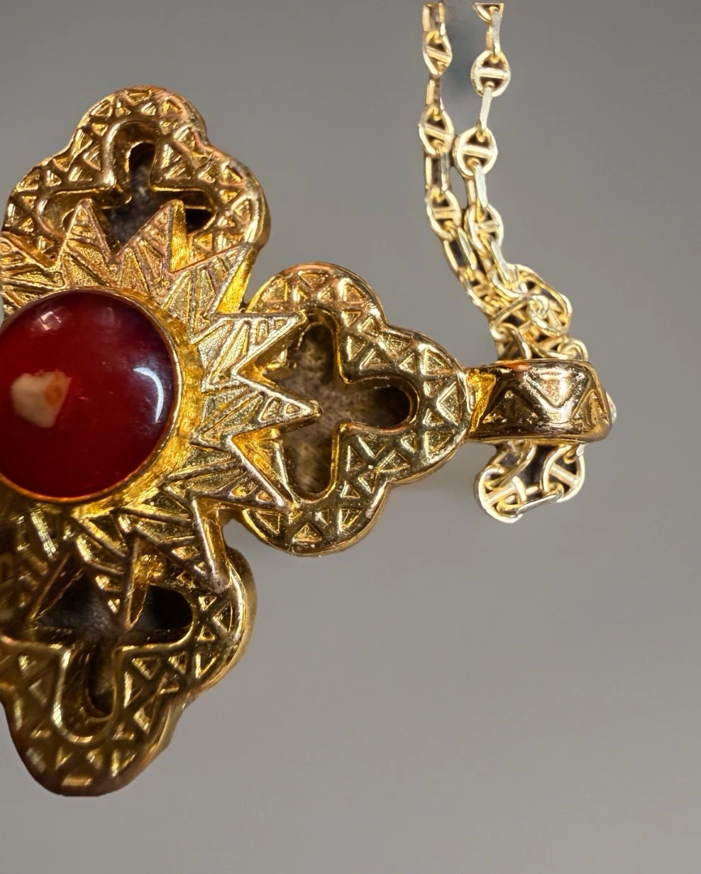Cross Pendant Necklace – Red Cabochon | Gold Over 925 Silver | 20" Mariner Chain