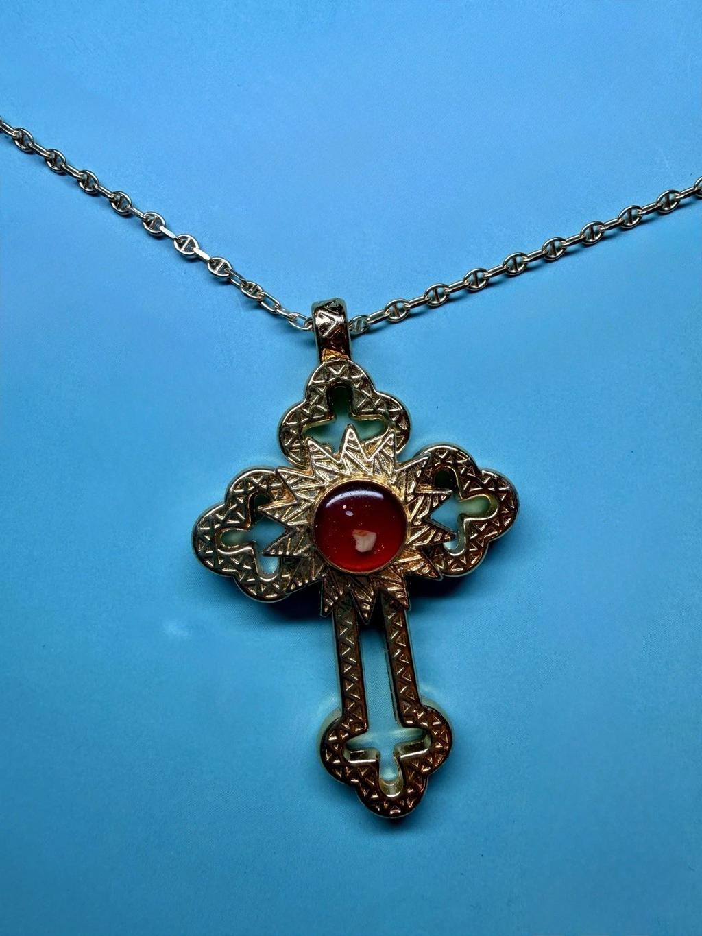 Cross Pendant Necklace – Red Cabochon | Gold Over 925 Silver | 20" Mariner Chain