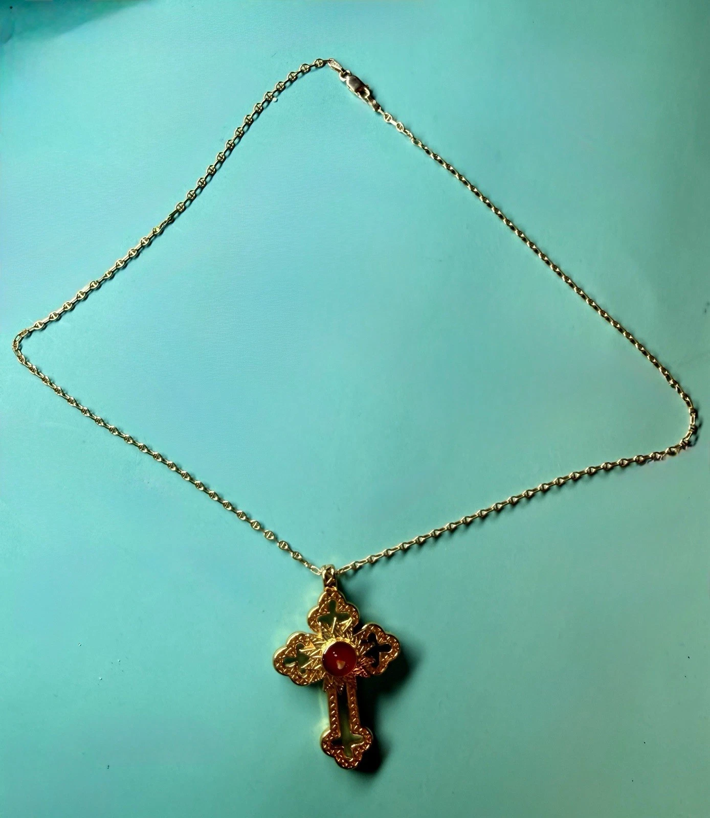 Cross Pendant Necklace – Red Cabochon | Gold Over 925 Silver | 20" Mariner Chain