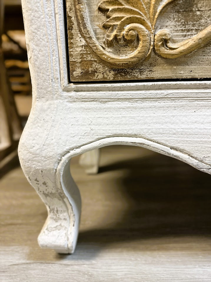 French Provincial Hand-Carved Solid Wood Chest – Distressed Ivory with Gilded Relief