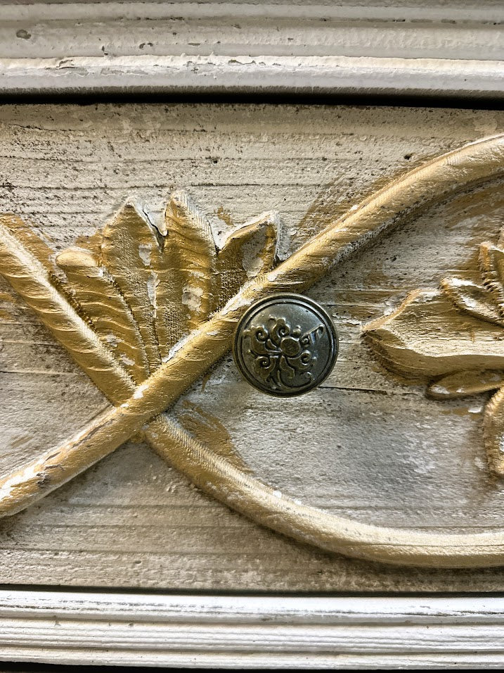 French Provincial Hand-Carved Solid Wood Chest – Distressed Ivory with Gilded Relief