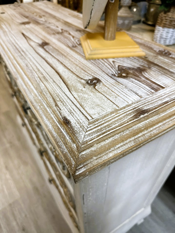 French Provincial Hand-Carved Solid Wood Chest – Distressed Ivory with Gilded Relief