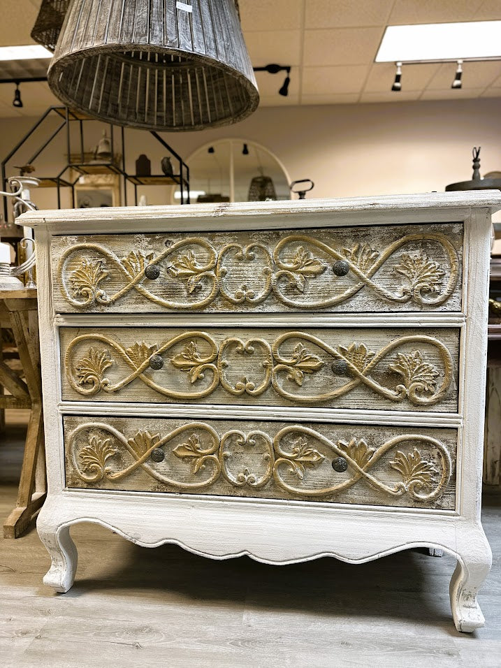 French Provincial Hand-Carved Solid Wood Chest – Distressed Ivory with Gilded Relief