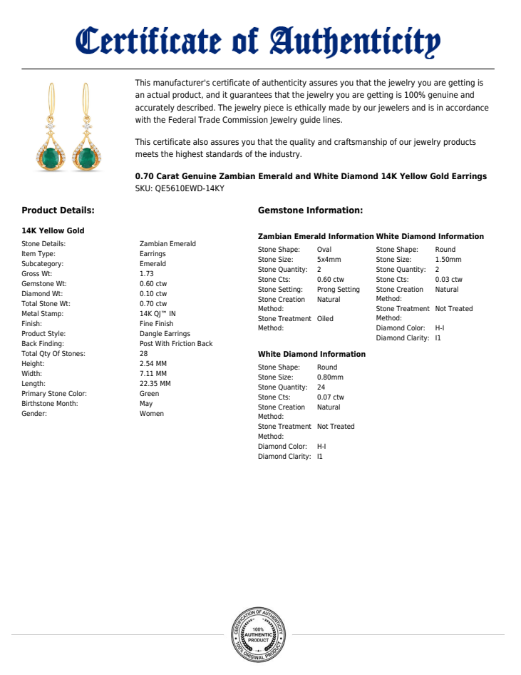 Zambian Emerald & Diamond Drop Earrings – 14K Yellow Gold