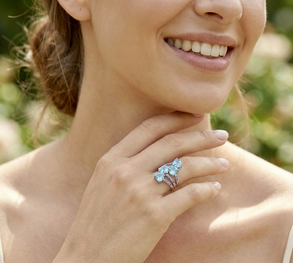 Heart Shaped Natural Blue Topaz Gemstones with Tanzanite Gemstone Accents On Sterling Silver Ring, 8 ctw