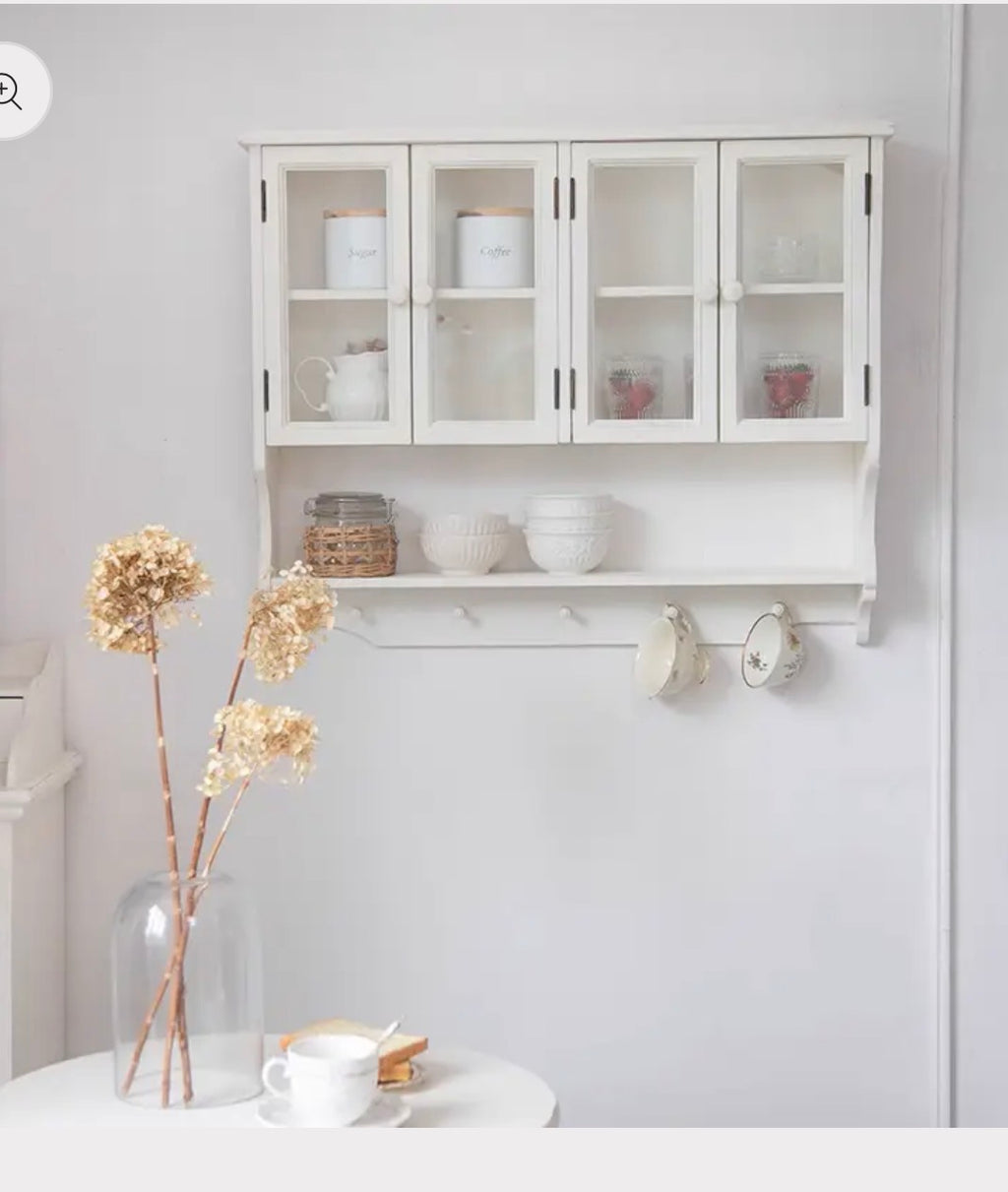 french wall cabinet, vintage wall shelf, farmhouse cabinet, glass door cabinet, shabby chic decor, cottage wall storage, kitchen display shelf, distressed white cabinet, french country decor, wall mounted cabinet