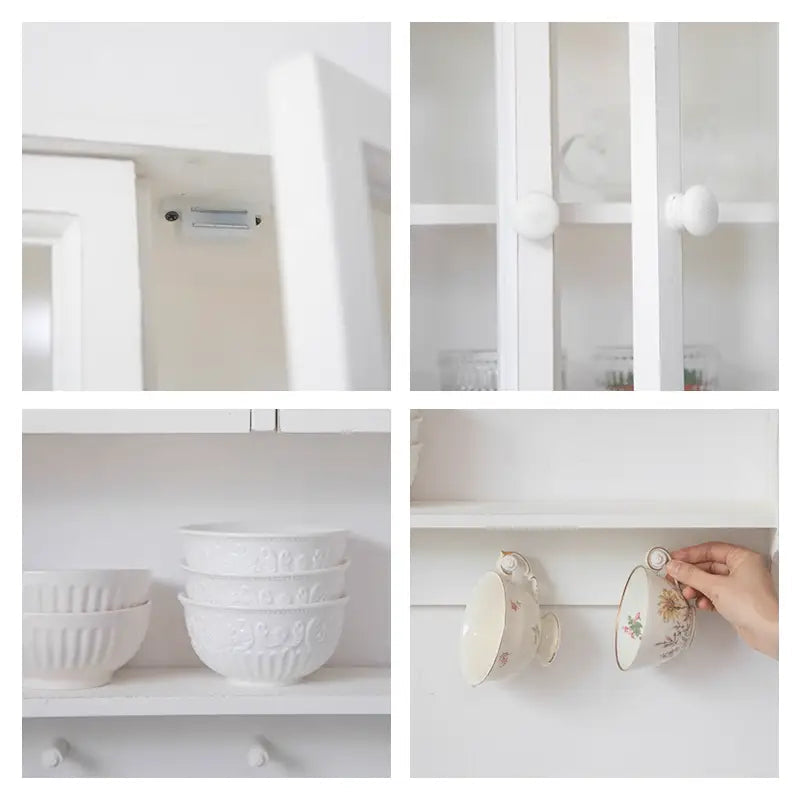 French Vintage Style Wall Cabinet, White With Glass Display Doors, Shelf With Convenient Hooks