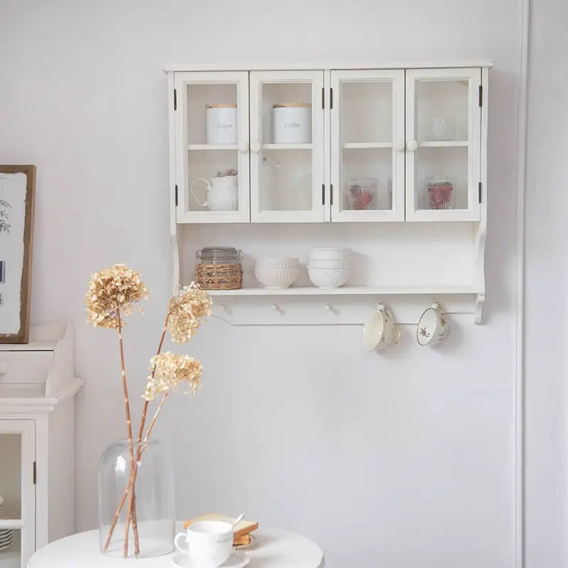French Vintage Style Wall Cabinet, White With Glass Display Doors, Shelf With Convenient Hooks