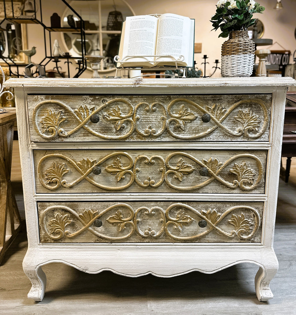 French Provincial Hand-Carved Solid Wood Chest – Distressed Ivory with Gilded Relief