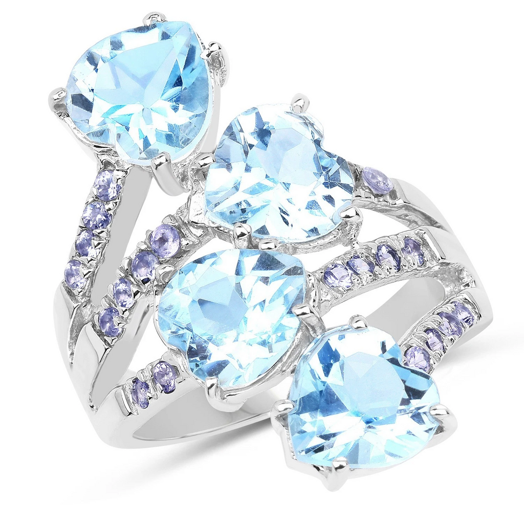 Heart Shaped Natural Blue Topaz Gemstones with Tanzanite Gemstone Accents On Sterling Silver Ring, 8 ctw