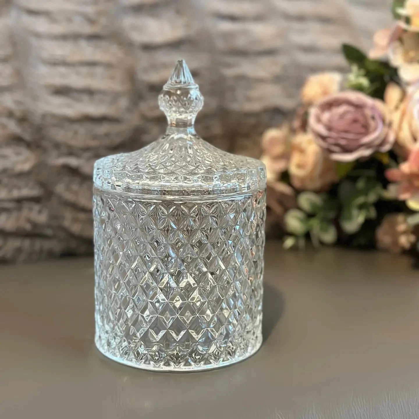 Diamond-Cut Glass Apothecary Jar – Decorative Lidded Storage (Multiple Sizes)