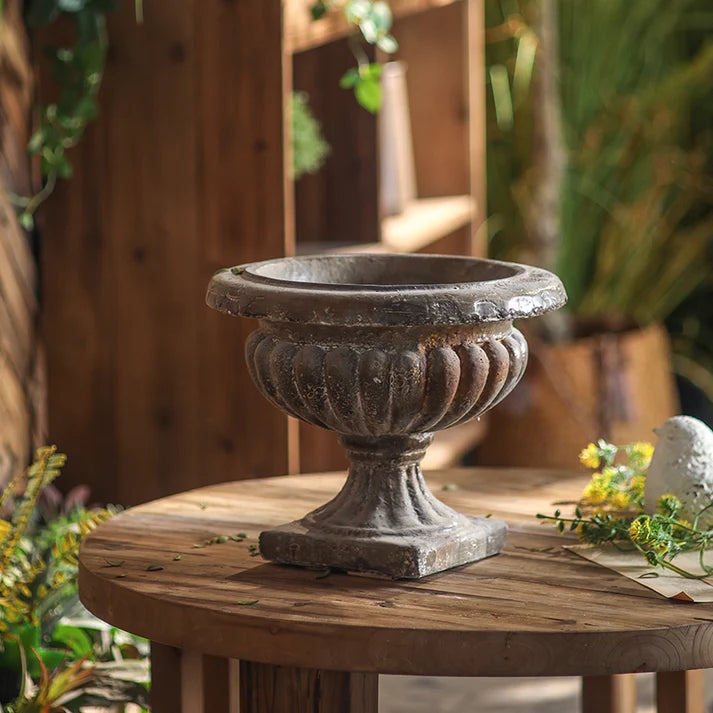 Distressed Black Pedestal Urn Planter, Aged Style for Estate Garden, 13" New