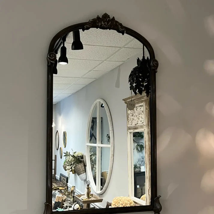Vintage-Style Arched Iron Frame Mirror – Ornate Estate Wall Décor – 17" x 29"